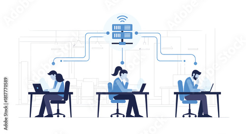 Team members collaborate on laptops in modern office connecting to central server for data sharing and project management, showcasing teamwork and efficiency.