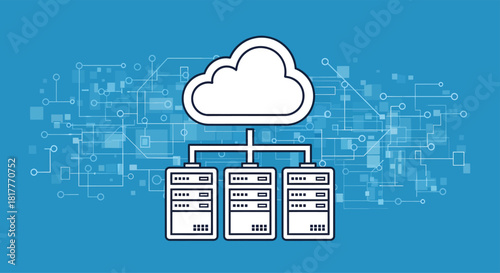 Cloud computing system connects to servers in data center delivering scalable solutions for business on blue backdrop, showcasing modern technology.