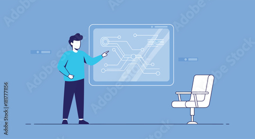 Man pointing at a digital screen displaying a circuit board diagram in a modern office setting, showcasing technology and innovation in a corporate environment.