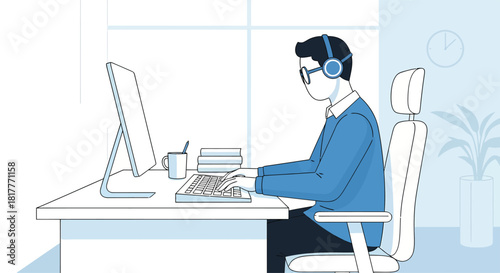 Man typing on computer at desk in office wearing headphones concentrating on work with books and coffee nearby in a modern workspace.