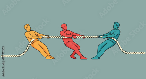 People pulling rope in tug of war competition on blue arena, showcasing teamwork and rivalry with vibrant colors and dynamic poses.