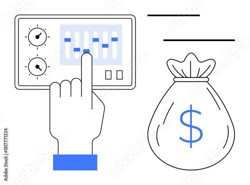 Hand operates control panel with sliders next to a money bag with a dollar sign. Ideal for financial control, investment, budgeting, technology, savings, planning, economic decisions. Clean simple