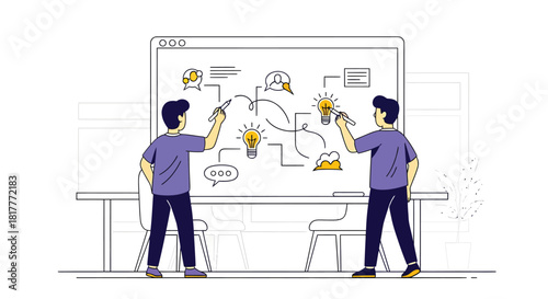 Two colleagues collaborate on a whiteboard, brainstorming ideas and connecting concepts in a modern office, fostering creativity and teamwork.
