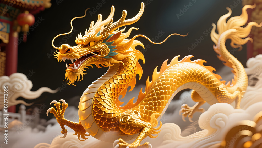 Obraz premium Amber golden Chinese dragon soaring in clouds