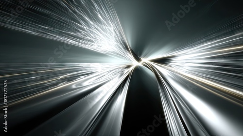 Abstract visualization of light trails and streaks converging and diverging in a dark, metallic, or glass-like tunnel-like environment, suggesting speed and mot