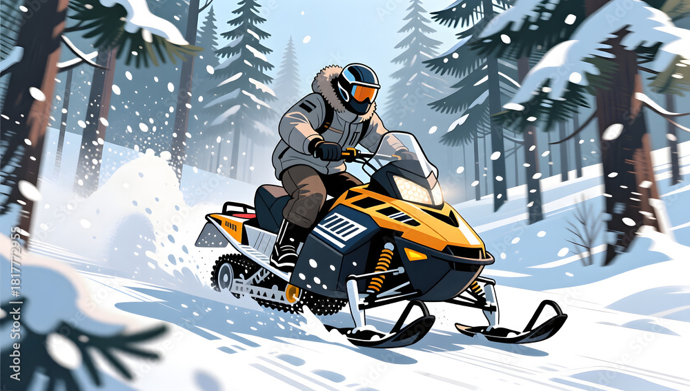 Naklejka premium Snowmobile racing through winter forest
