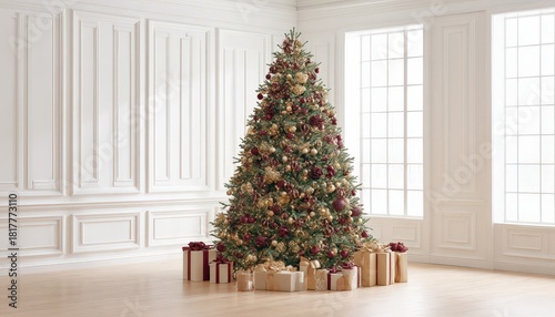 Elaborately decorated evergreen stands amidst carefully wrapped presents in a bright, elegant room