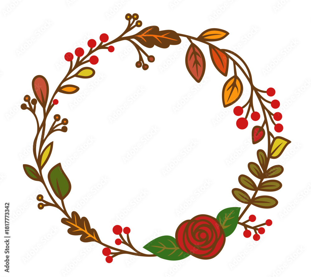 Fototapeta premium Fall botanical round frame with berries and autumn leaves — rustic wreath