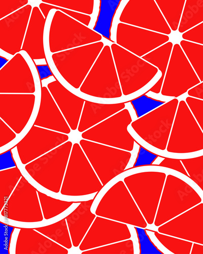 Bold Grapefruit Slice Pattern. Red Citrus Pop Art Background with Repeating Fruit Segments