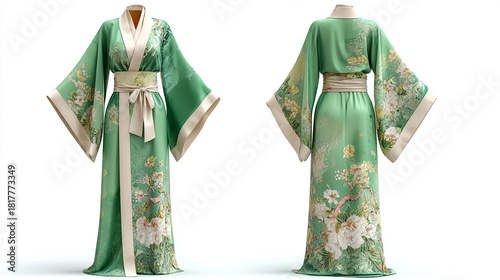 Elegant green silk kimono robe with intricate floral embroidery and matching obi belt displayed front and back