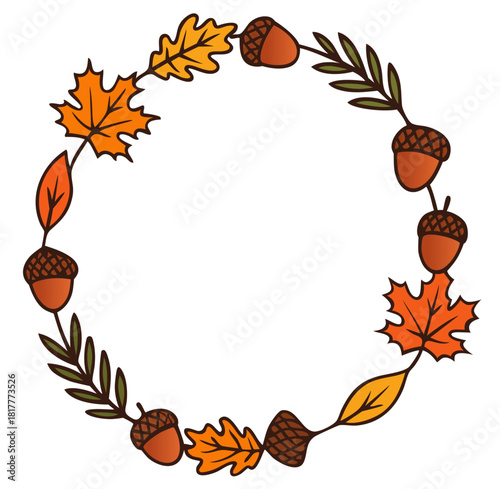 Fall circle frame with acorns and oak leaves — autumn botanical border