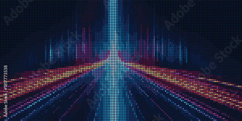 Dynamic abstract background featuring a central blue beam and converging data streams, rendered in a halftone dot grid. Visualizes a digital highway, data transmission, or futuristic server path