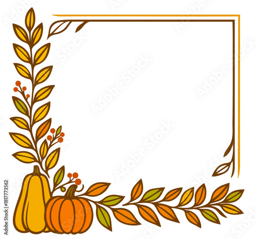 Autumn square frame with pumpkin, gourd and fall leaves — Thanksgiving botanical border