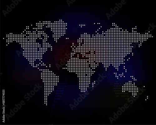 Square shape dot pattern world map. Square dot pattern digital global world map. Square dotted world map in halftone style showing continents and countries representation with geographic layout.