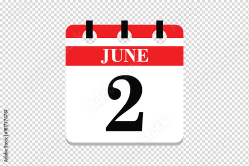 2 June Calendar icon vector, 2 dates of June month calendar icon, dates of June 2 icon calendar, vector calendar icon.
