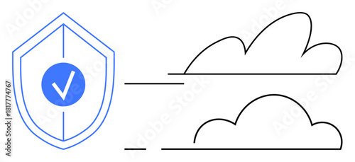 Shield with checkmark alongside two cloud icons, combining security and data storage. Ideal for privacy, protection, online safety, cybersecurity, cloud computing, system reliability, simple flat
