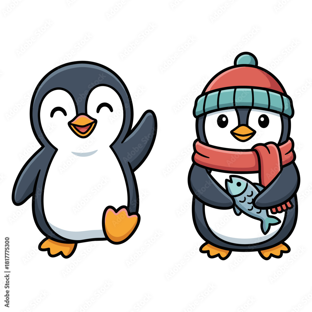 Naklejka premium Cute Winter Penguins Cartoon Duo