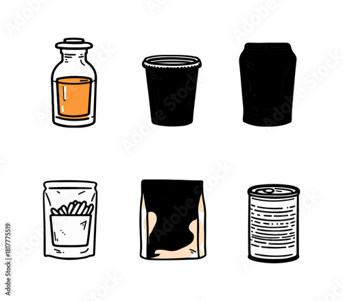 Assortment of various container illustrations with different shapes and contents