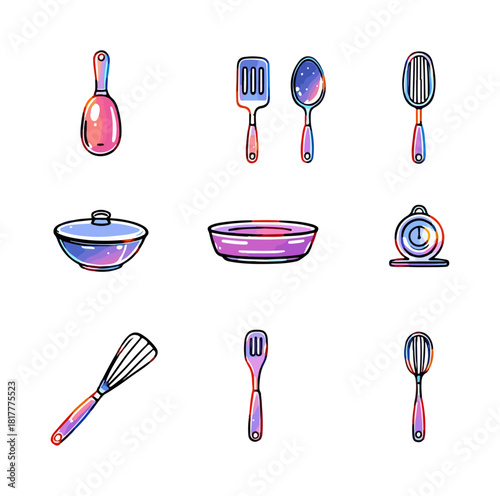 Cartoon kitchen utensils and cookware on black background