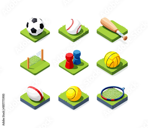Isometric sports equipment illustrations football baseball tennis and more