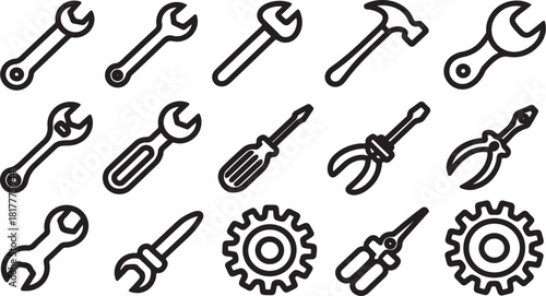 Vector outline icons of various hand tools including wrenches pliers hammer screwdriver and gears for repair maintenance and construction