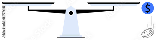 Balancing scale with one side dropping, dollar coin falling. Ideal for finance, banking, decision-making, economy, investment, budget planning wealth management. Minimal simple flat metaphor