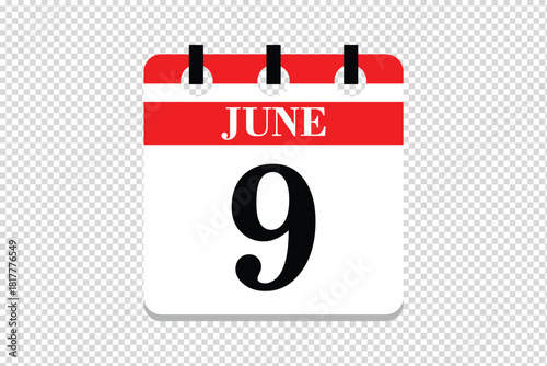 9 June Calendar icon vector, 9 dates of June month calendar icon, dates of June 9 icon calendar, vector calendar icon.