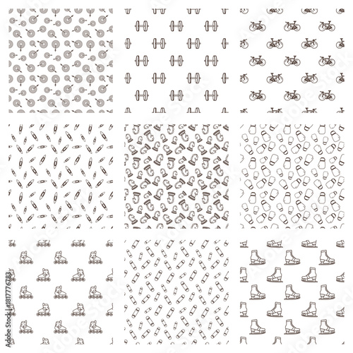 line art pattern set of archery target, dumbbell, road bike, kayak, chess knight, boxing glove, inline skate, skate board, ice skate