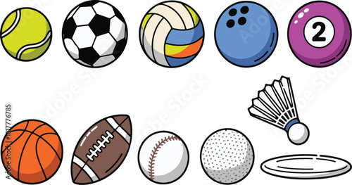 Vector illustration of various sports equipment including balls, shuttlecock and frisbee on black background