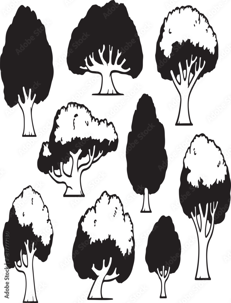 Obraz premium Set of nine vector tree silhouettes for landscape and nature themed projects on black background