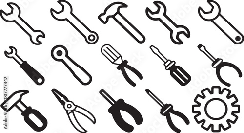 Set of 15 various tool vector icons including wrenches, hammers, screwdrivers, and pliers for repair.