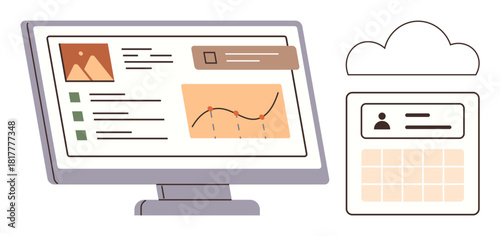 Desktop screen displaying analytics and tasks with a linked cloud-based calendar. Ideal for data analysis, task management, cloud computing, scheduling, productivity, office tools, remote work
