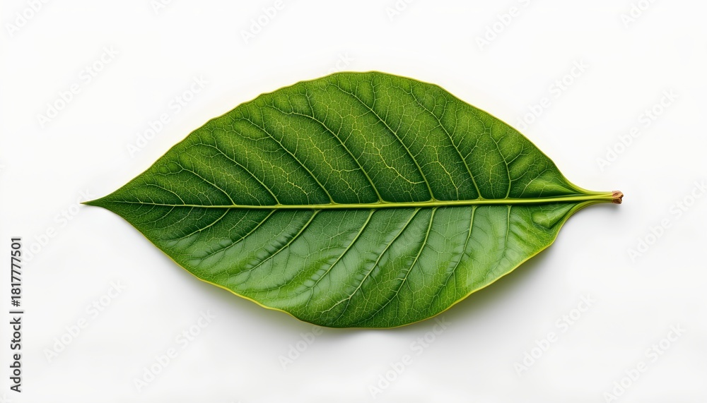 Obraz premium A single leaf with a vein pattern, lying against a white background
