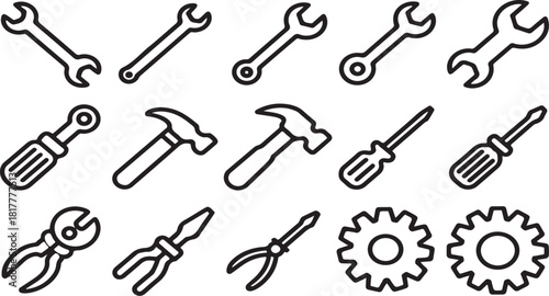 Set of 15 outline vector tools icons featuring wrenches hammers screwdrivers pliers and gears for repair and maintenance services