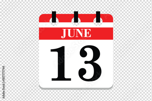 13 June Calendar icon vector, 13 dates of June month calendar icon, dates of June 13 icon calendar, vector calendar icon.