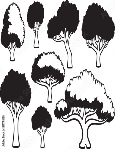 Eight vector broccoli florets silhouettes useful for healthy food promotion and vegetarian diet illustrations.