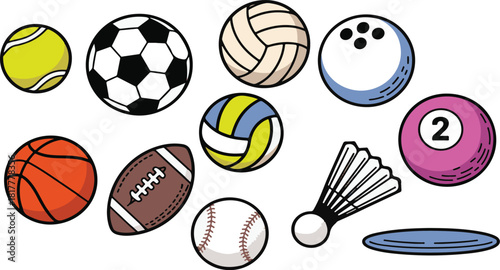 Collection of various sports balls and equipment vector set for athletic activities and games