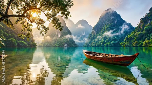 Tranquil wooden boat floating on clear turquoise water surrounded by lush green karst mountains at sunrise or sunset in a tropical paradise