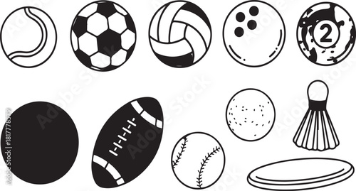 Collection of ten sports balls and athletic equipment vector illustration for games and recreational activities