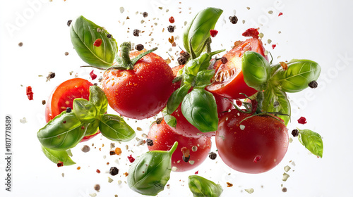 Fresh ripe tomatoes and vibrant green basil leaves bursting with flavor amidst scattered black peppercorns