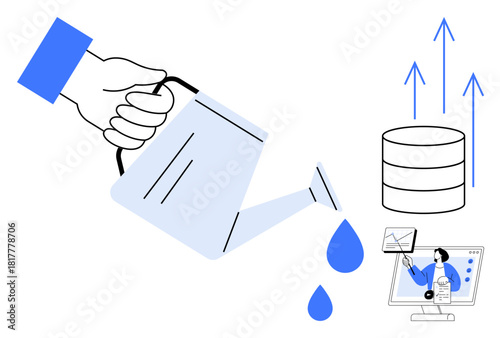 Growth and investment concept. Growth through watering a plant, nurturing financial data and insights. Growth illustrated in business, finance, marketing strategy, economics, and analytics domains