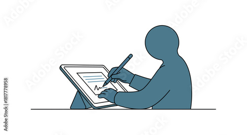 Person signing document on digital tablet with stylus, showcasing modern technology and efficient workflow in a minimalist style.