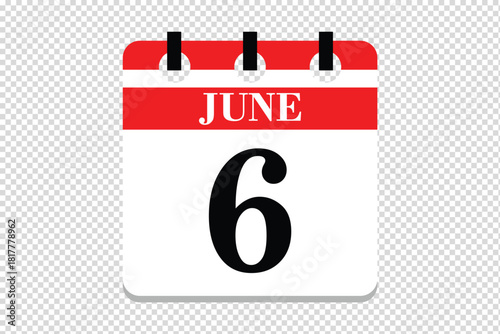 6 June Calendar icon vector, 6 dates of June month calendar icon, dates of June 6 icon calendar, vector calendar icon.