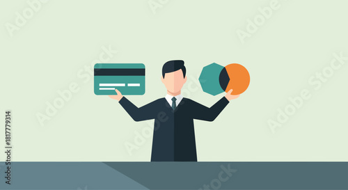 Businessman presenting credit card and charts in modern office, showcasing financial data and payment solutions with professional and confident demeanor.