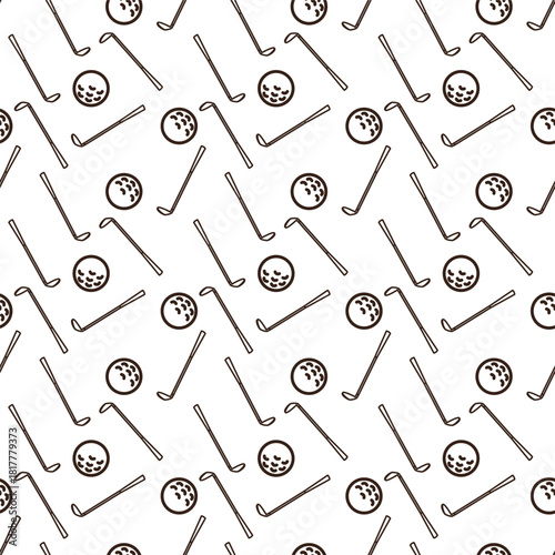 line art pattern of two golf clubs crossed in an 'X' shape, with a golf ball positioned above their intersection, all on a white background. The golf clubs are brown with lighter, cream colored heads