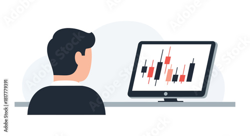Man analyzes stock market charts on computer screen in office, focusing on candlestick patterns for investment decisions, reflecting financial analysis.