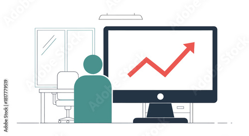 Person watches rising arrow on computer screen in bright office, symbolizing success and growth in business, with a hopeful and optimistic mood.