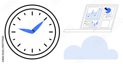 Analog clock beside a cloud and a laptop displaying analytics charts. Ideal for productivity, time efficiency, data analysis, digital tools, cloud computing, scheduling, simple flat metaphor