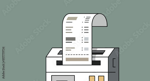 Receipt printer spews out long bill in office, highlighting overspending, creating a sense of financial worry and the need for budget adjustments.