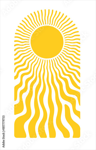 Retro groovy abstract sun background. Abstract yellow sun designs in retro groovy style. Stripes sunburst rotating motion. Vintage radial texture.